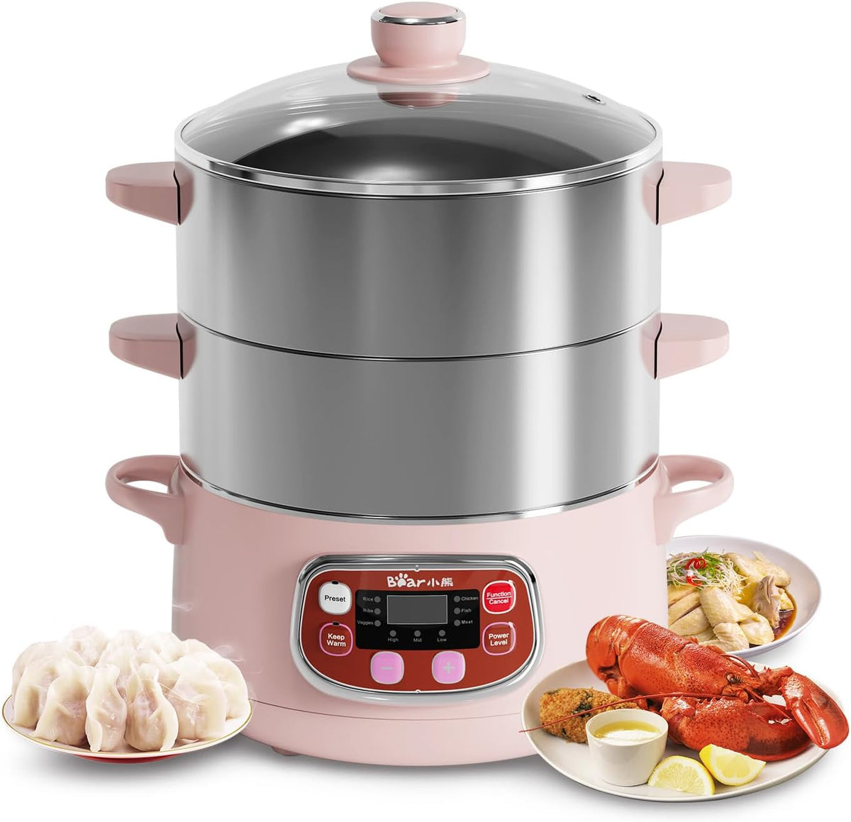 Electric Multifunctional Food Steamer, One Touch Digital Steamer with Timer, Vegetable Steamer 2 Tiered Stackable Stainless Steel Baskets, Auto Shut-Off & Anti-Dry Protection, 1200W, 8.5Quart