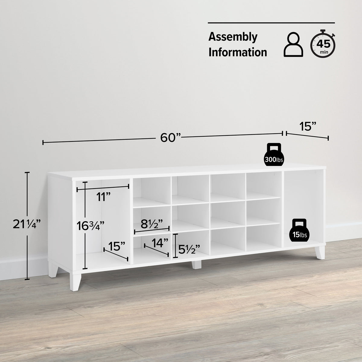 White Shoe Cabinet, Entryway Bench, Mud Room Organization and Storage Bench with 14 Shoe Cubbies 15"D X 60"W X 21.25"H
