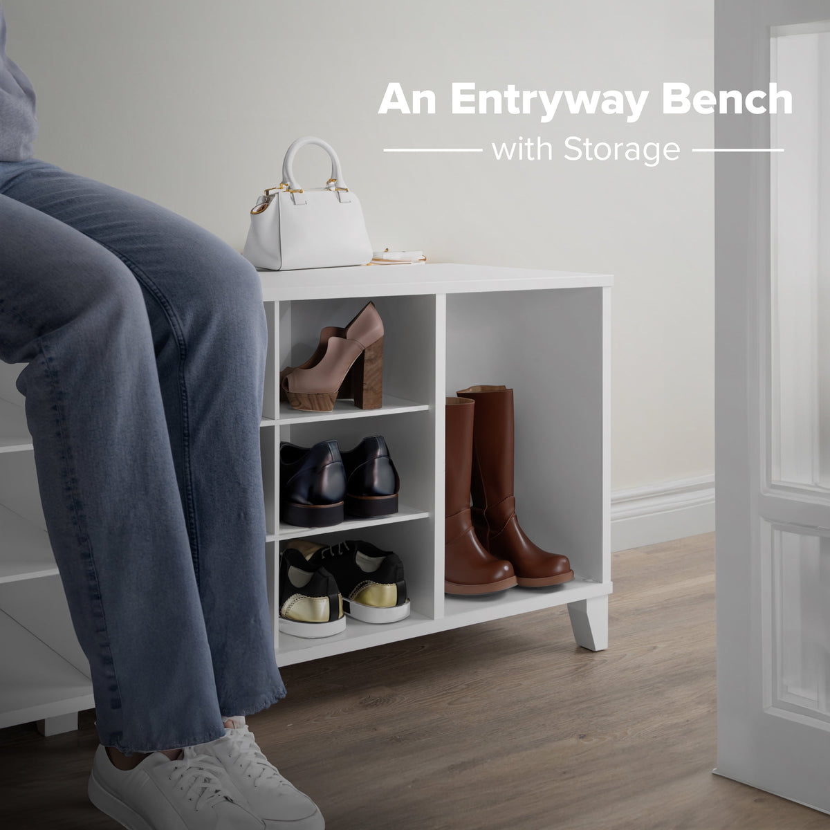 White Shoe Cabinet, Entryway Bench, Mud Room Organization and Storage Bench with 14 Shoe Cubbies 15"D X 60"W X 21.25"H
