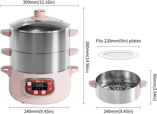 Electric Multifunctional Food Steamer, One Touch Digital Steamer with Timer, Vegetable Steamer 2 Tiered Stackable Stainless Steel Baskets, Auto Shut-Off & Anti-Dry Protection, 1200W, 8.5Quart