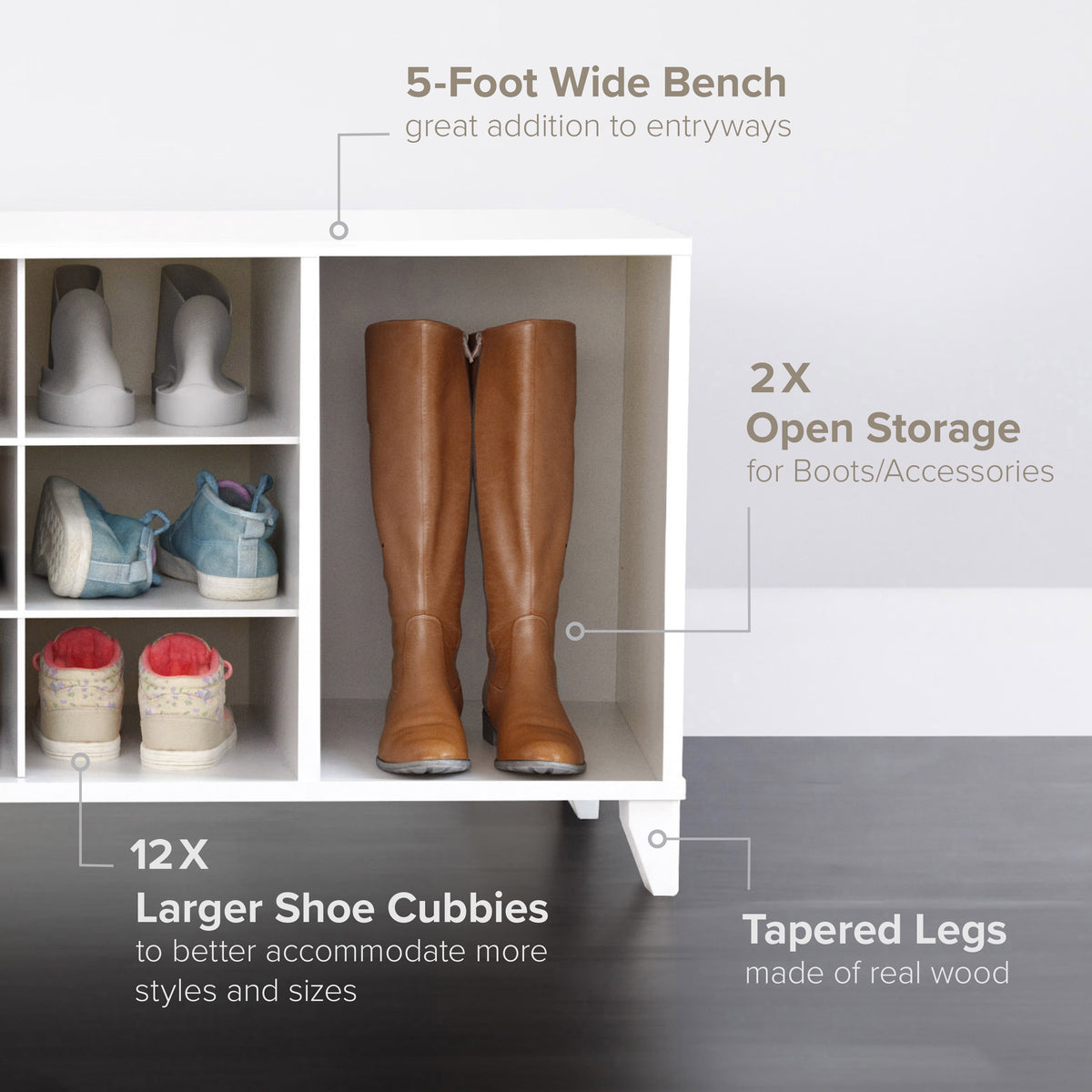 White Shoe Cabinet, Entryway Bench, Mud Room Organization and Storage Bench with 14 Shoe Cubbies 15"D X 60"W X 21.25"H