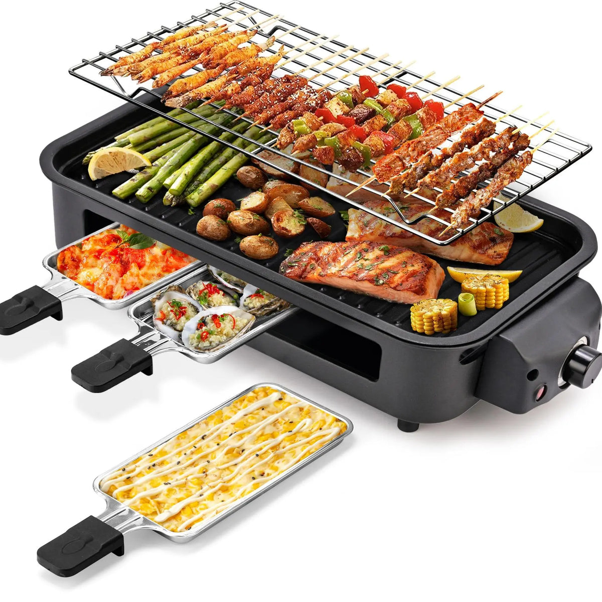 Pukomc Corded 2-In-1 Electric Indoor Grill & Pan - 1800W Smokeless, Temperature Control, Removable Non-Stick Plate, Grill Net, Dishwasher Safe Kitchen Supplies for Apartment Stuff