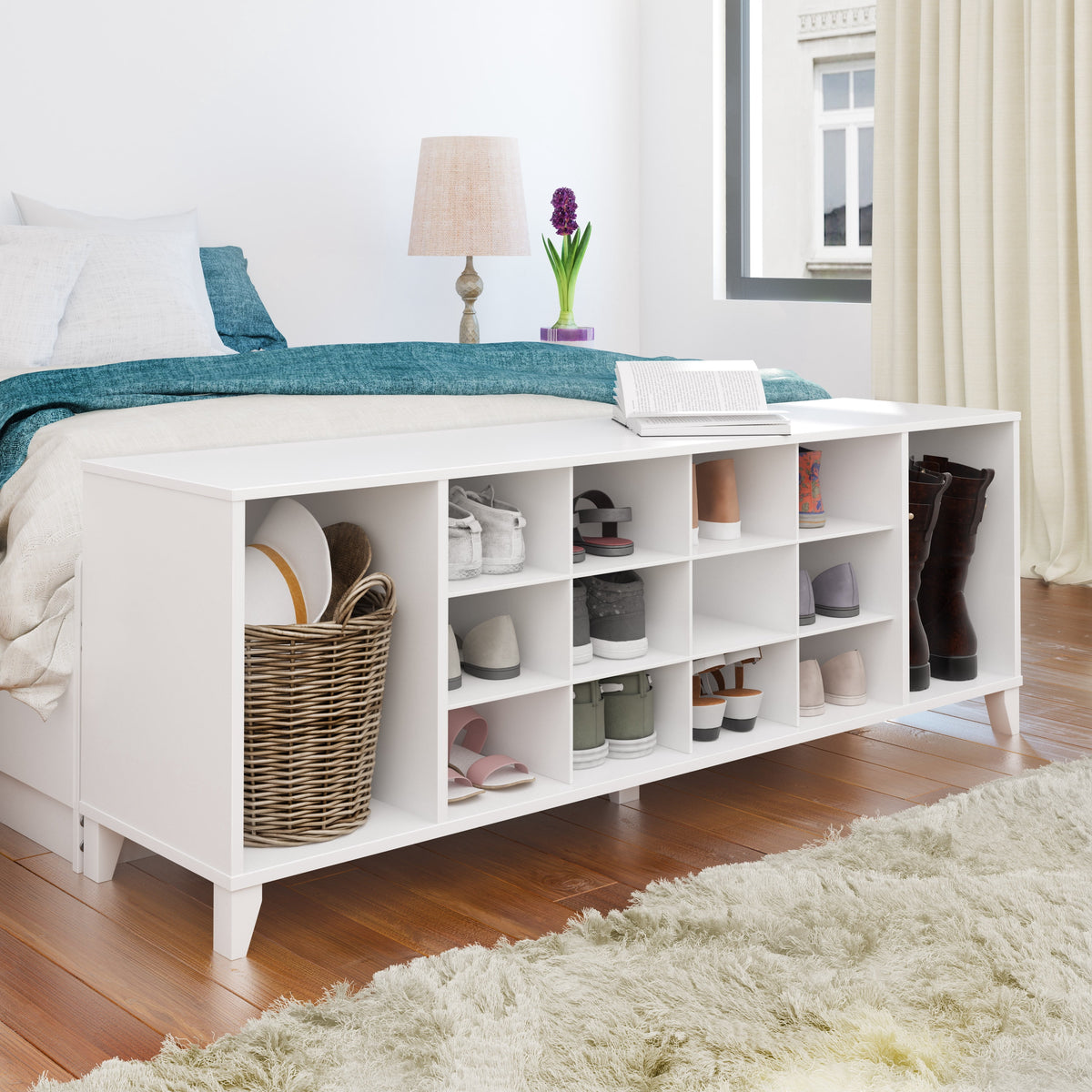 White Shoe Cabinet, Entryway Bench, Mud Room Organization and Storage Bench with 14 Shoe Cubbies 15"D X 60"W X 21.25"H