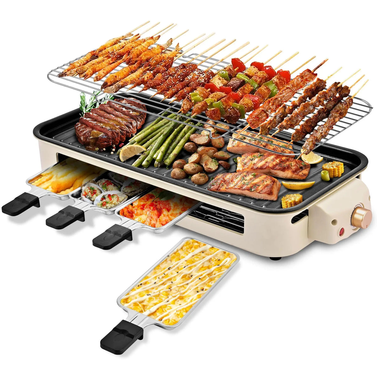 Pukomc Corded 2-In-1 Electric Indoor Grill & Pan - 1800W Smokeless, Temperature Control, Removable Non-Stick Plate, Grill Net, Dishwasher Safe Kitchen Supplies for Apartment Stuff