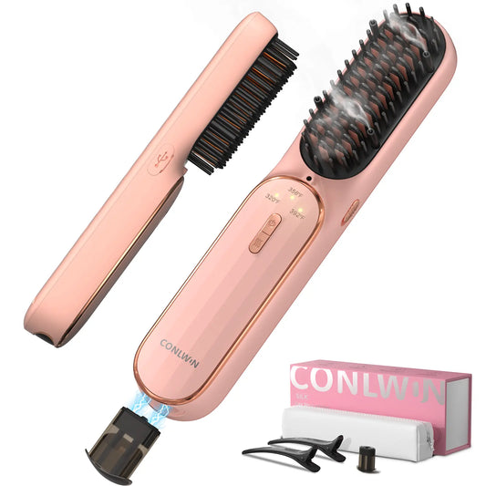 CONLWIN 2026 New Cordless Hair Straightener Brush, Portable for Travel Touch-Ups,Oil Nourished Salon Straightening Brush, Negative Ions Anti-Frizz, anti Scalding Ceramic Hot Comb with 3 Heat & Safety Lock,Dorm Essentials