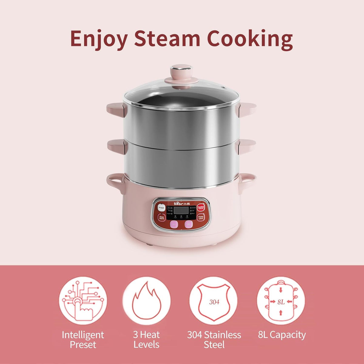 Electric Multifunctional Food Steamer, One Touch Digital Steamer with Timer, Vegetable Steamer 2 Tiered Stackable Stainless Steel Baskets, Auto Shut-Off & Anti-Dry Protection, 1200W, 8.5Quart