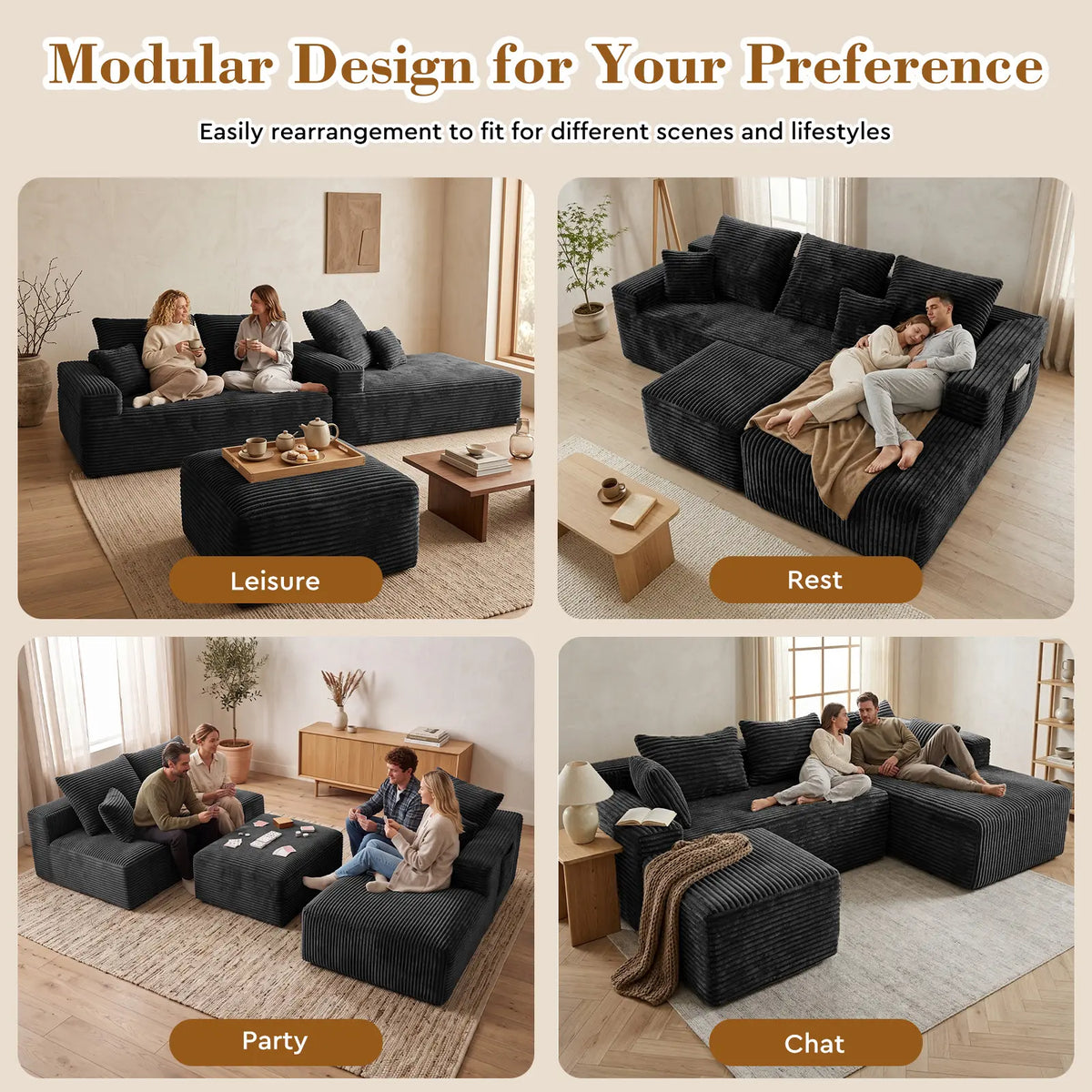 Corduroy Cloud Modular Sectional Sofa, Vacuum Compressed Pet Friendly Boneless Cloud Couch, Cozy Comfy Loveseat Sofa, Ideal for Living Room & Small Apartment, Free Gifts Included, Summer Vibe Home Furniture Campingessentials