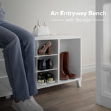 White Shoe Cabinet, Entryway Bench, Mud Room Organization and Storage Bench with 14 Shoe Cubbies 15"D X 60"W X 21.25"H