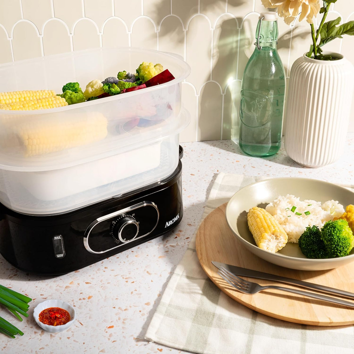 ® Double Food Steamer Basket and Electric Rice Steamer with Easy-Read Water Level and Timer