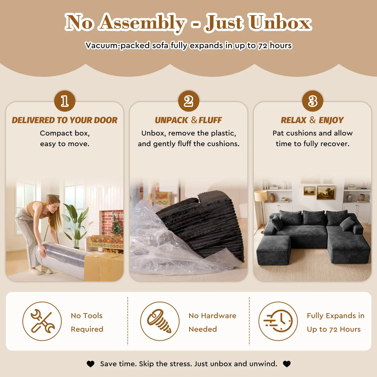 Corduroy Cloud Modular Sectional Sofa, Vacuum Compressed Pet Friendly Boneless Cloud Couch, Cozy Comfy Loveseat Sofa, Ideal for Living Room & Small Apartment, Free Gifts Included, Summer Vibe Home Furniture Campingessentials