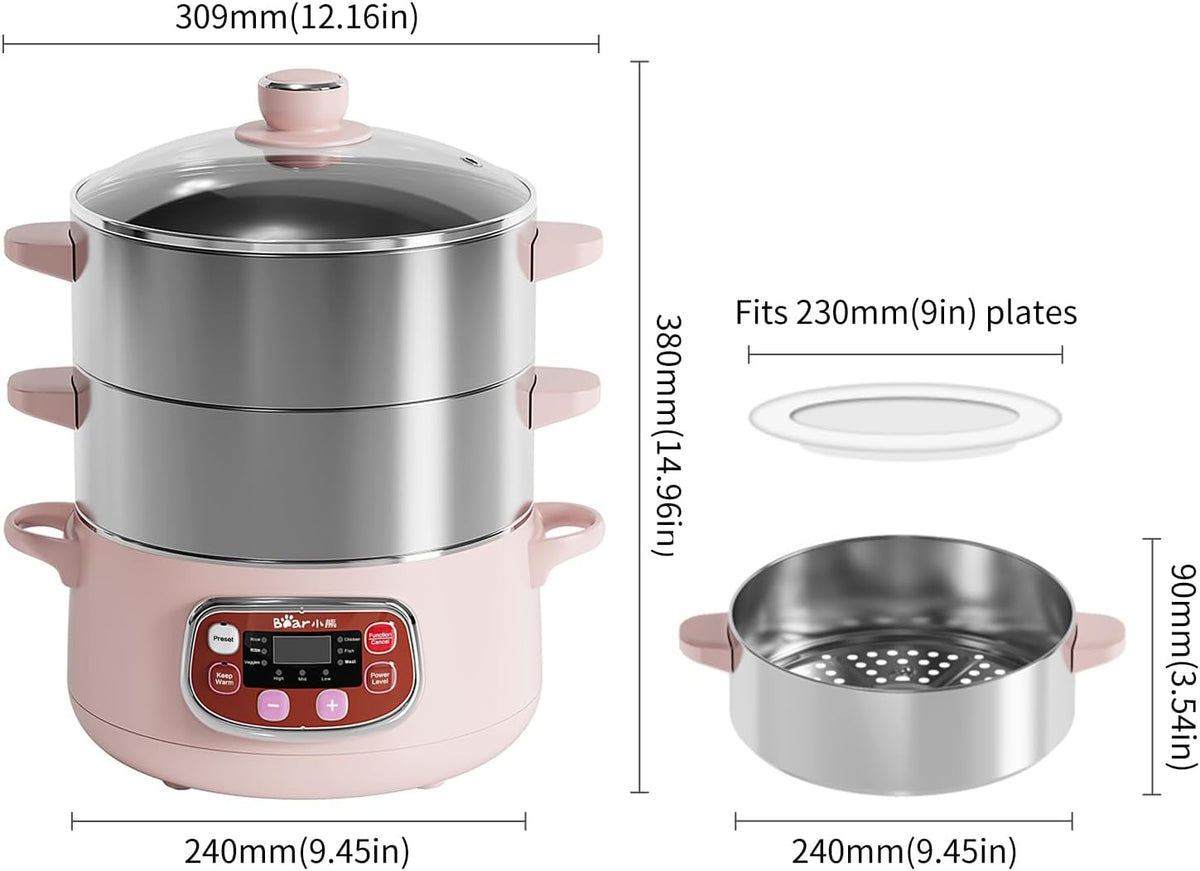 Electric Multifunctional Food Steamer, One Touch Digital Steamer with Timer, Vegetable Steamer 2 Tiered Stackable Stainless Steel Baskets, Auto Shut-Off & Anti-Dry Protection, 1200W, 8.5Quart