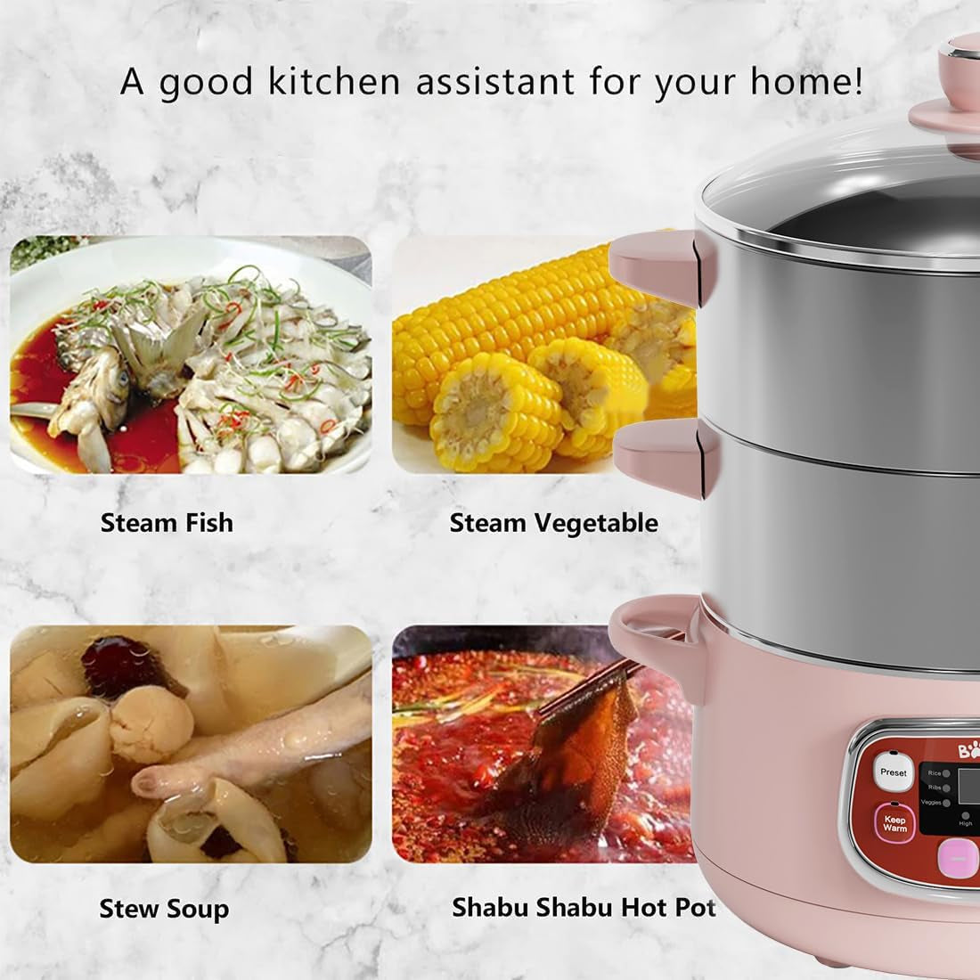 Electric Multifunctional Food Steamer, One Touch Digital Steamer with Timer, Vegetable Steamer 2 Tiered Stackable Stainless Steel Baskets, Auto Shut-Off & Anti-Dry Protection, 1200W, 8.5Quart