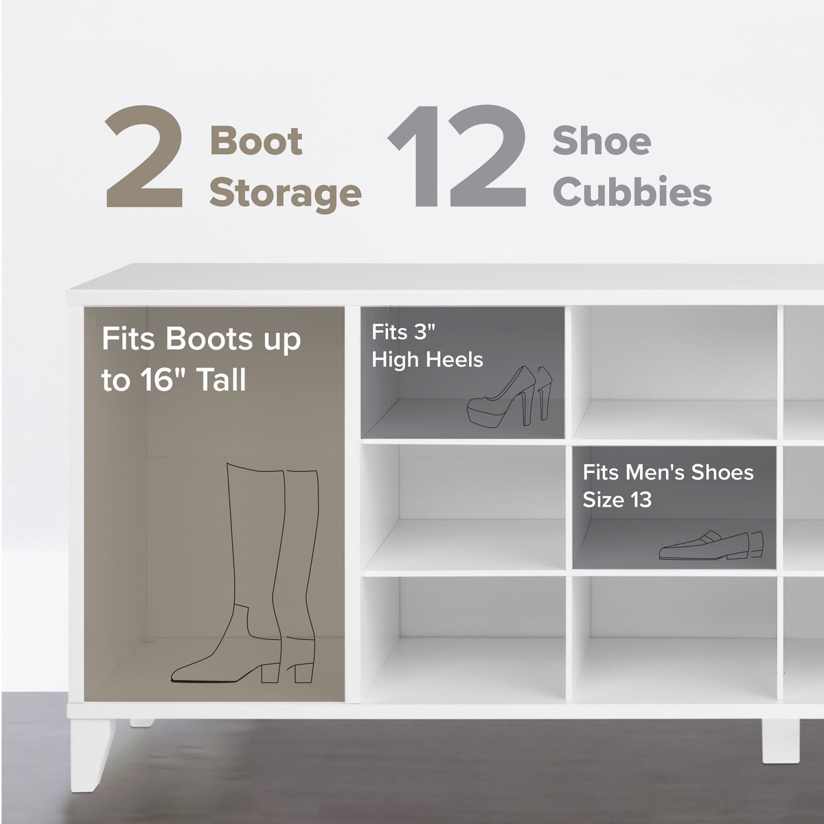 White Shoe Cabinet, Entryway Bench, Mud Room Organization and Storage Bench with 14 Shoe Cubbies 15"D X 60"W X 21.25"H