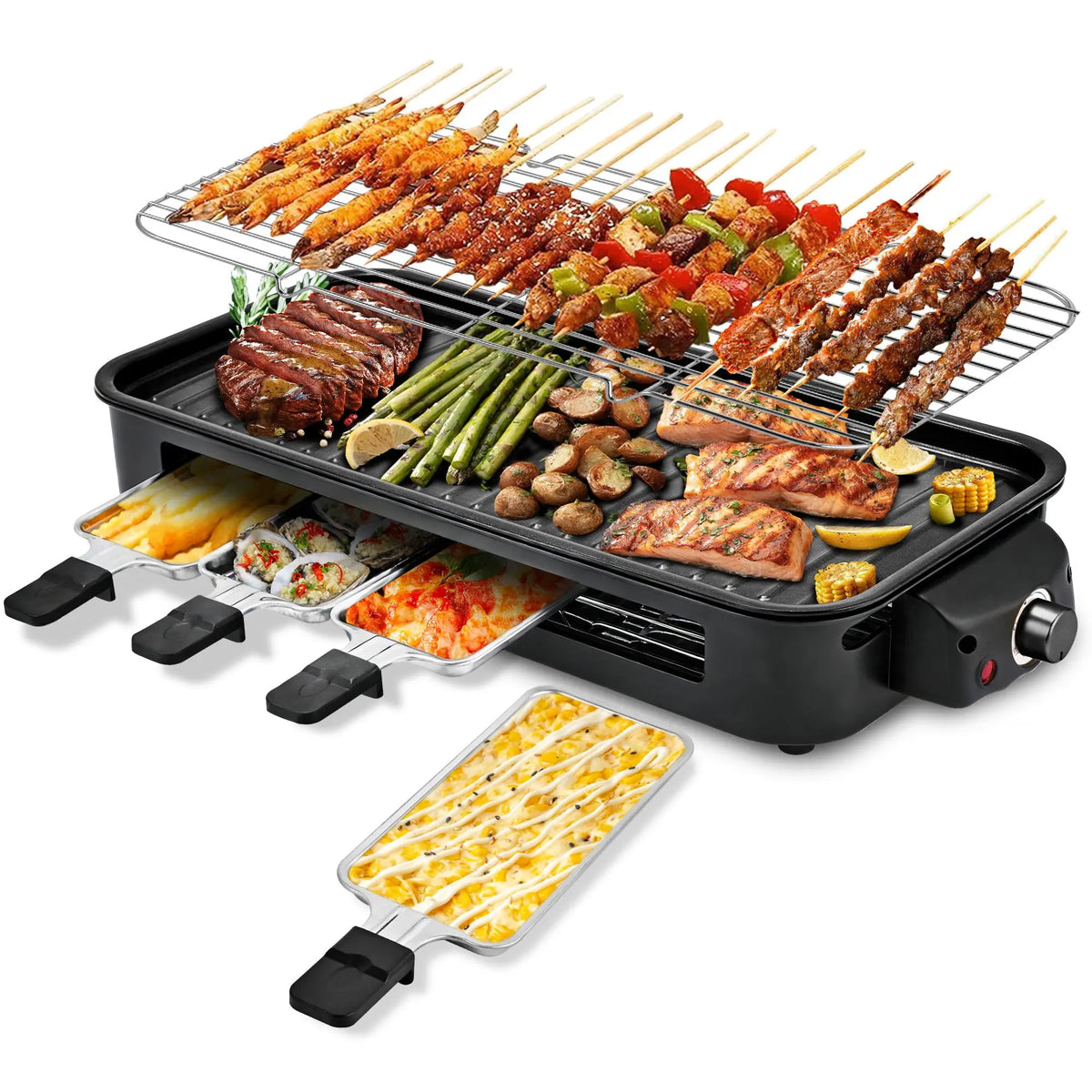 Pukomc Corded 2-In-1 Electric Indoor Grill & Pan - 1800W Smokeless, Temperature Control, Removable Non-Stick Plate, Grill Net, Dishwasher Safe Kitchen Supplies for Apartment Stuff